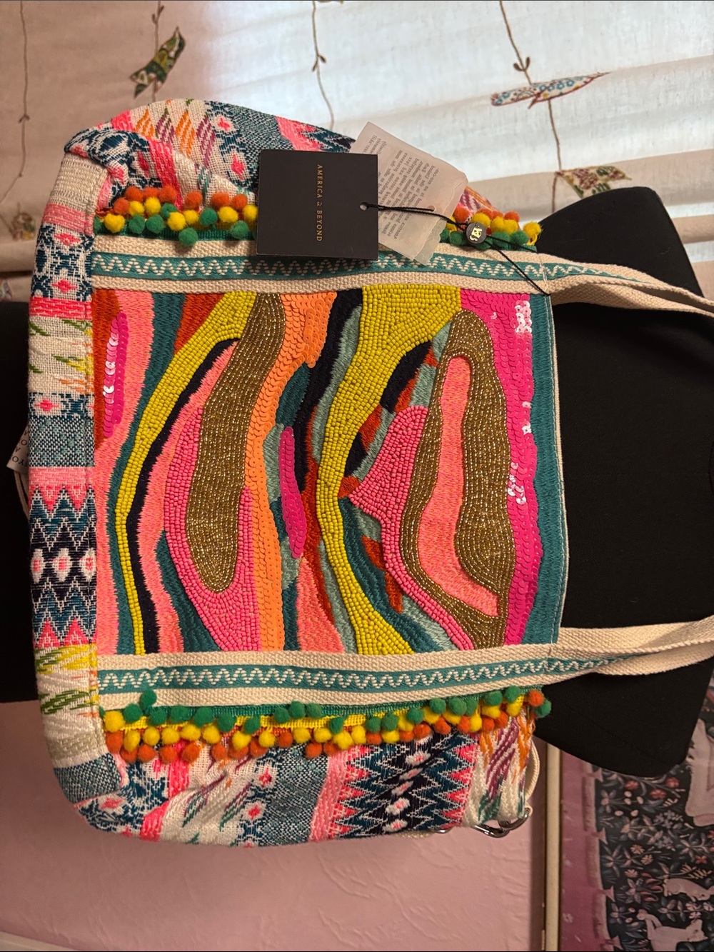 NWT America and Beyond - Multicolor Embroidered Pom-Pom Tote - Picture 3 of 6